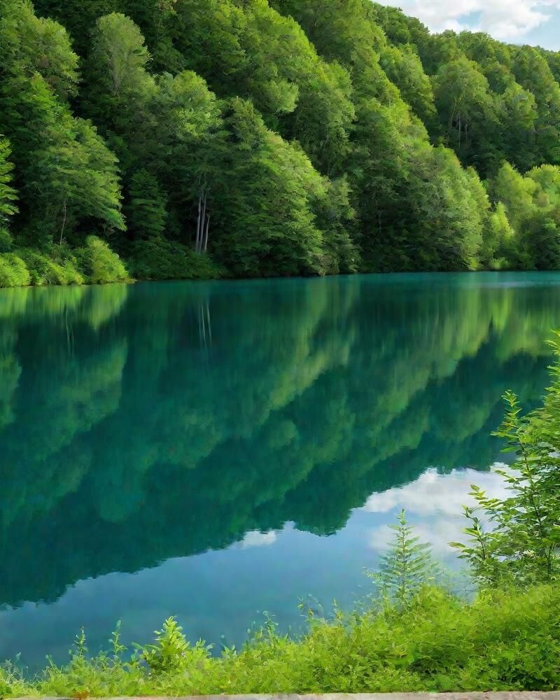 A calm green lake reflecting a forest