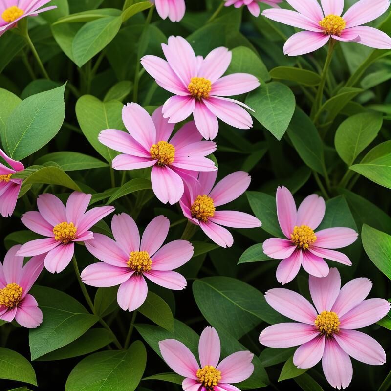 Soft pink flowers among deep green leaves