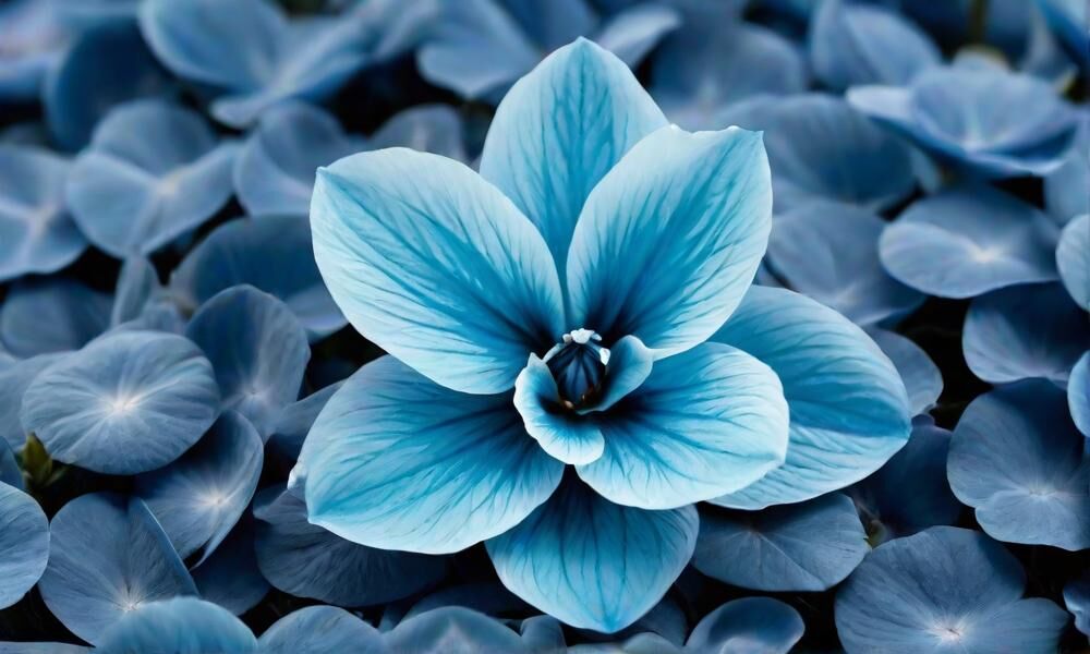 A close blue flower surrounded by soft blue petals