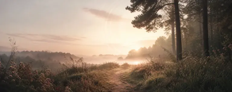 A quiet path opening toward warm dawn light at the edge of a forest